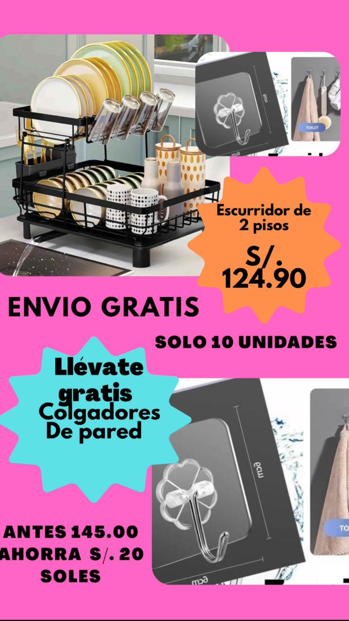 Combo cocina organizada / Escurridor con cestas / Set de 2 ganchos doble cara