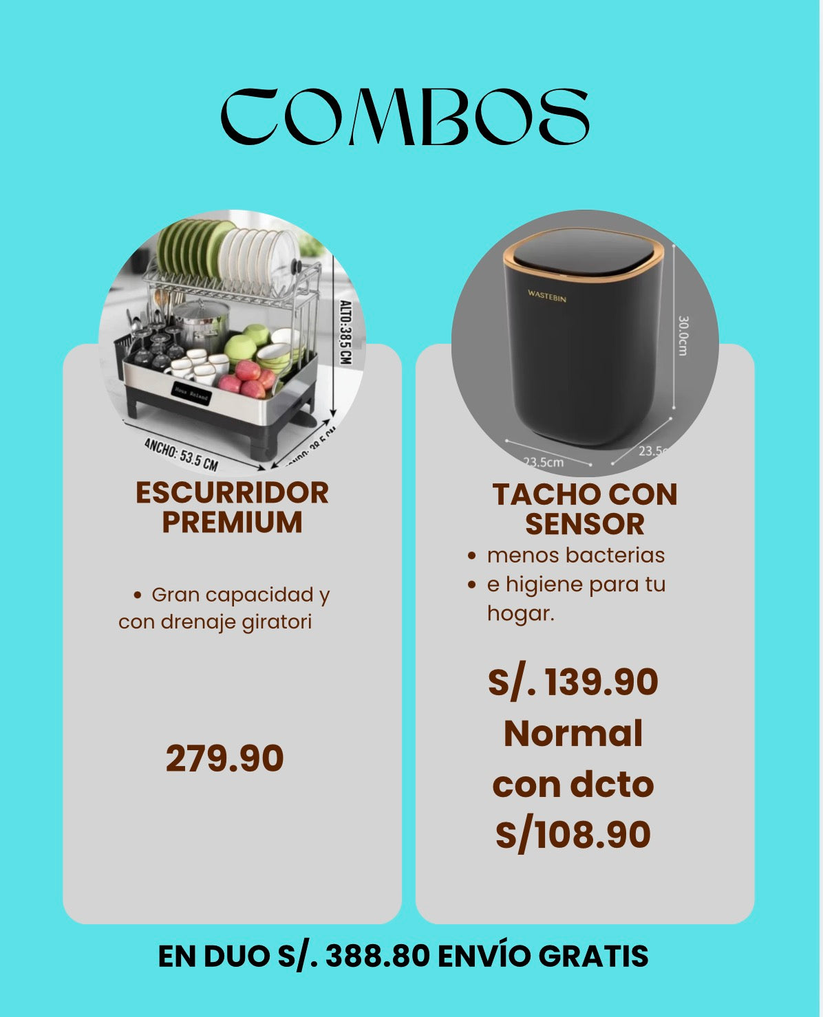 Combo Cocina Pro / Escurridor PREMIUM de 2 pisos / Set de paleta y brocha + tacho con sensor