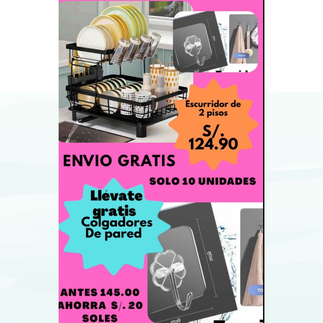 Combo cocina organizada / Escurridor con cestas / Set de 2 ganchos doble cara