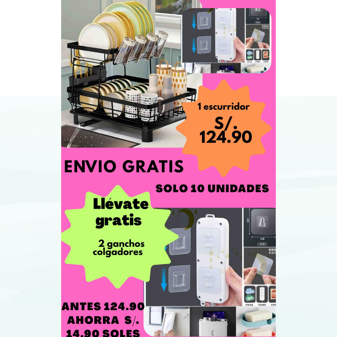 Combo cocina organizada / Escurridor con cestas / Set de 2 ganchos doble cara