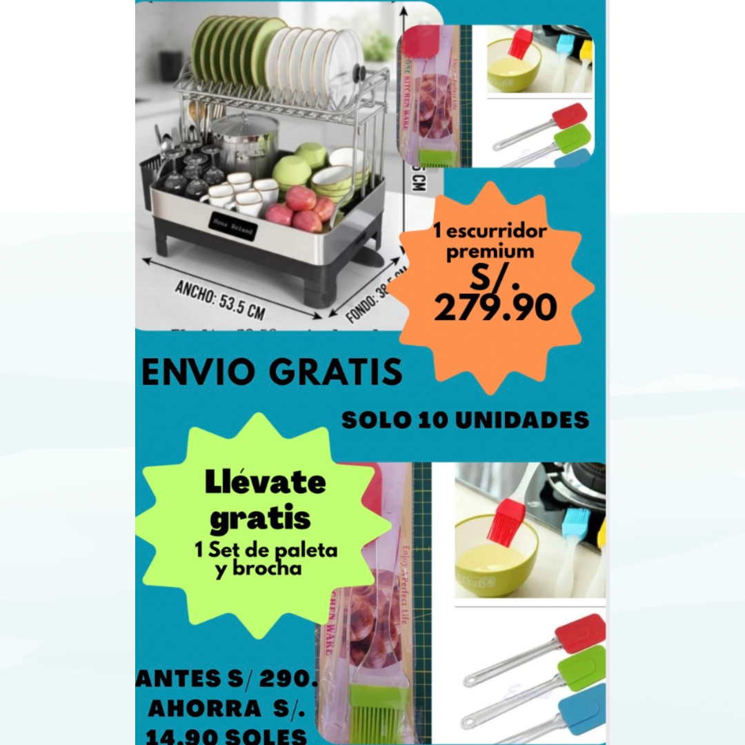 Combo Cocina Pro / Escurridor PREMIUM de 2 pisos / Set de paleta y brocha + tacho con sensor