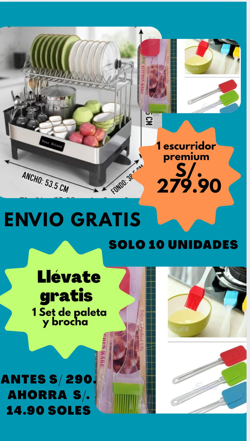 Combo Cocina Pro / Escurridor PREMIUM de 2 pisos / Set de paleta y brocha + tacho con sensor