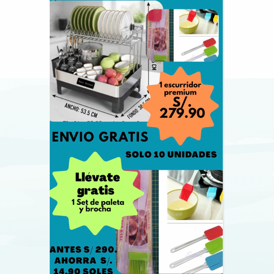 Combo Cocina Pro / Escurridor PREMIUM de 2 pisos / Set de paleta y brocha + tacho con sensor