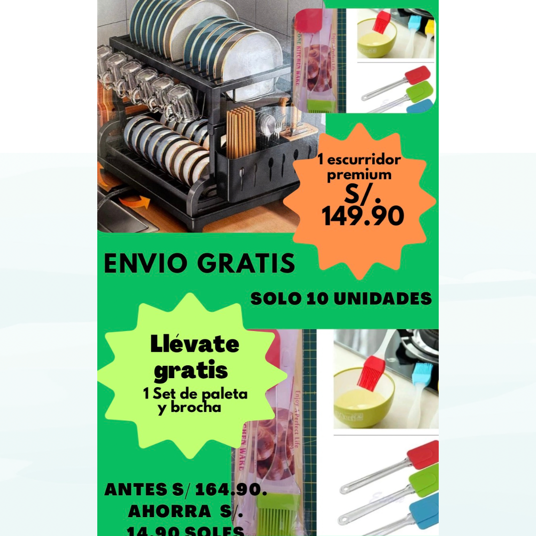 Combo Cocina Pro / Escurridor PREMIUM de 2 pisos / Set de paleta y brocha + tacho con sensor