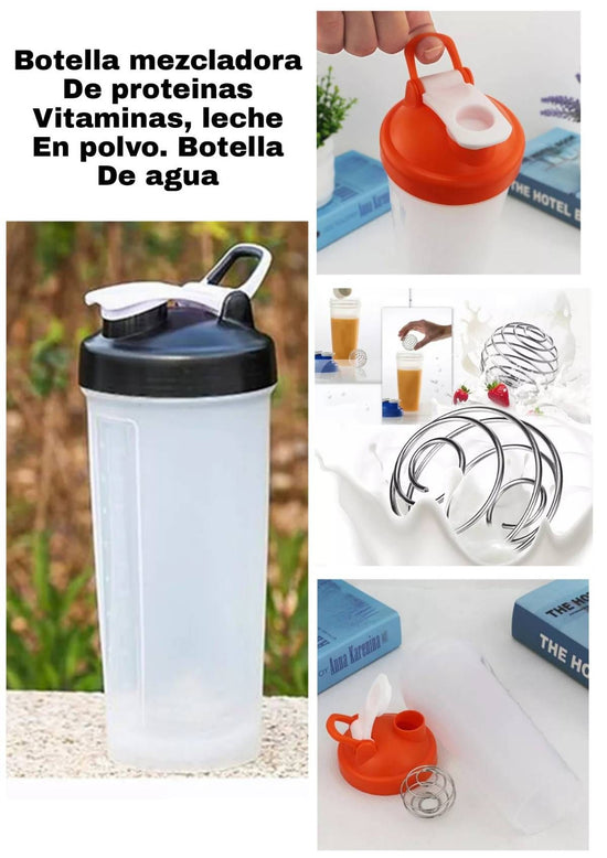 Botella mezcladora de proteínas, leche,vitaminas.